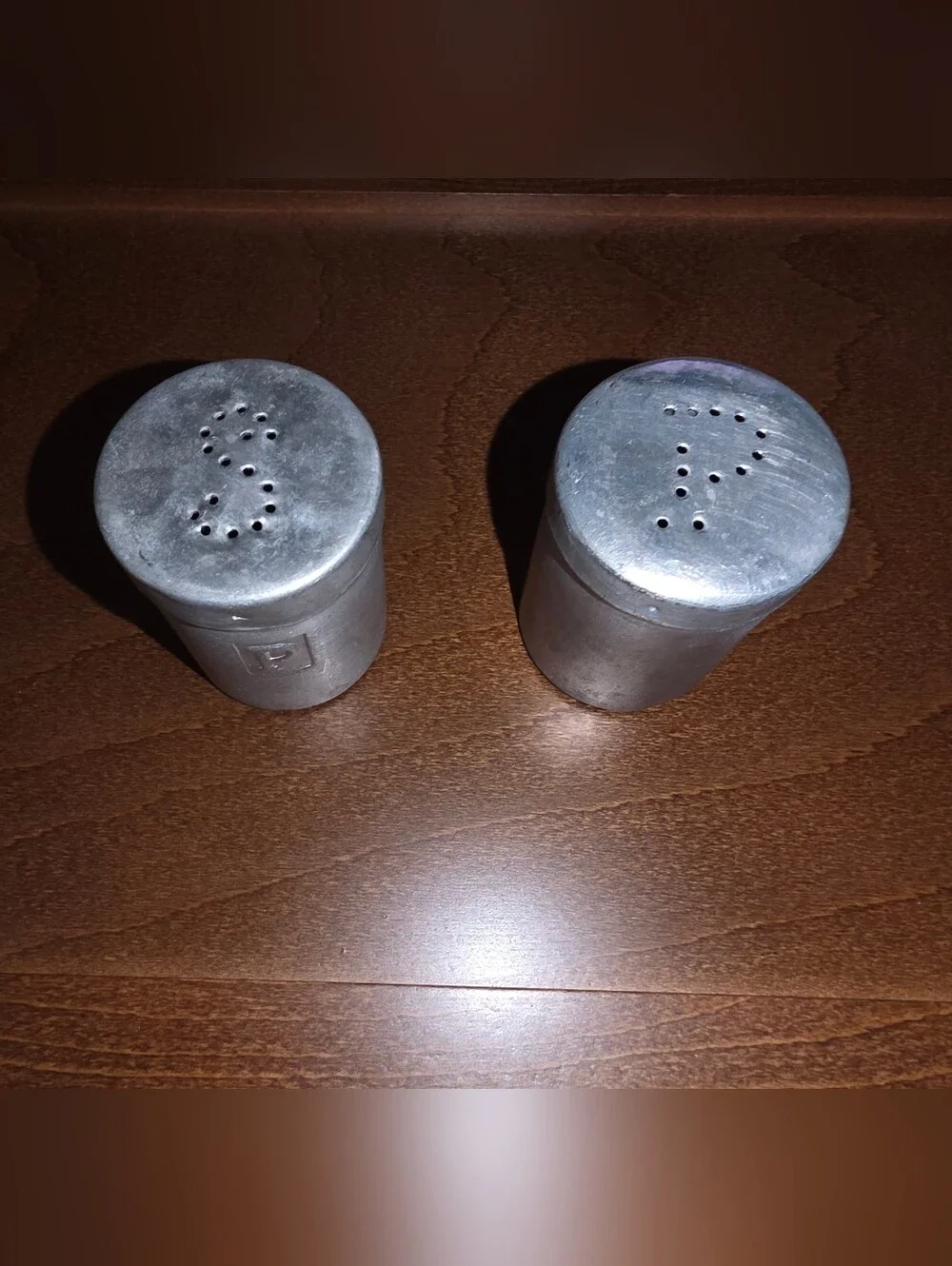 Vintage 1950s Aluminum Tin Funnel, Measuring Cup & Salt & Pepper Shakers